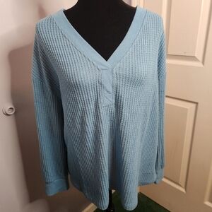 Terra & Sky/Blue Waffle Knit Long Sleeve Top Size 0X(14w) V-Neck